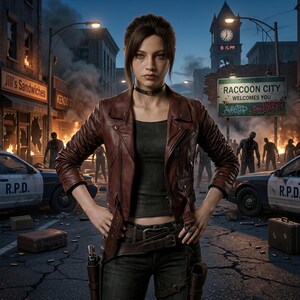 May include: A person wearing a dark brown leather motorcycle jacket, a black tank top, and dark jeans with a belt and holster. The person has a black choker necklace. The setting is a city street with R.P.D. police cars and a Raccoon City sign.