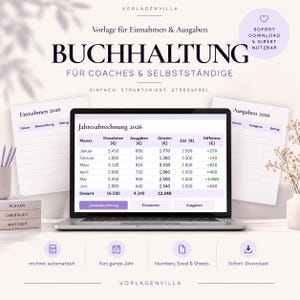 May include: A digital accounting template for coaches and self-employed individuals displayed on a laptop screen. The screen shows a 2026 annual financial statement with columns for income, expenses, profit, goals, and differences in Euros.