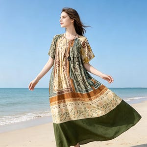 Bohemian Patchwork Maxi Dress, Vintage Floral Resort Wear, Loose Fit Summer Kaftan, Cotton Ethnic Print Long Dress, Beach Vacation Outfit