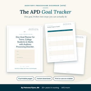 Könnte beinhalten: Ein digitaler Planer mit dem Titel The APD Goal Tracker für auditive Verarbeitungsstörungen, bestehend aus einer Deckblattseite mit persönlichen Datenfeldern, einem wöchentlichen Fortschritts-Tracker und einer linierten Seite.