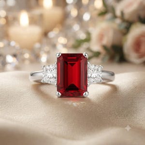 2.50 Ct Emerald Cut Natural Ruby & Diamond 14K White Gold Engagement Ring (IGL Certified)
