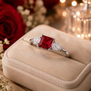 May include: A silver-toned ring featuring a central princess-cut red gemstone flanked by two pear-shaped clear stones. The ring is set in a light beige velvet jewelry box, showcasing a polished metal band and a classic three-stone design.