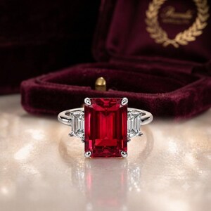 6.00 Ct Emerald Cut Natural Ruby & Diamond 14K White Gold Engagement Ring (IGL Certified)