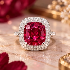 Puede incluir: Un anillo con una piedra preciosa roja vibrante de corte cojín, con un doble halo de pequeños diamantes blancos pavé en una banda metálica. La piedra central cuadrada con esquinas redondeadas está sujeta por cuatro garras de metal.