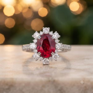 Può includere: Un anello color argento con una grande pietra preziosa rosso scuro dal taglio ovale al centro, circondata da un alone di piccole pietre bianche rotonde e chiare. Anche la fascia è incastonata con minuscole pietre bianche sulla superficie.