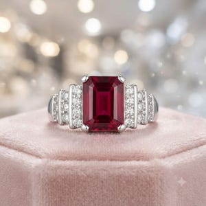 Op de afbeelding: Een zilverkleurige ring met een grote, rechthoekige, smaragdgeslepen dieprode edelsteen in het midden. De band is aan weerszijden van de centrale rode edelsteen versierd met drie verticale rijen kleine, ronde, helderwitte steentjes.