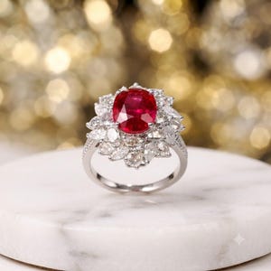 Könnte beinhalten: Ein silberfarbener Ring mit einem großen, oval geschliffenen, leuchtend roten Edelstein in der Mitte. Der zentrale Stein ist von einer Ansammlung zahlreicher kleinerer, im Marquise- und Rundschliff gehaltener, klarer weißer Steine umgeben.
