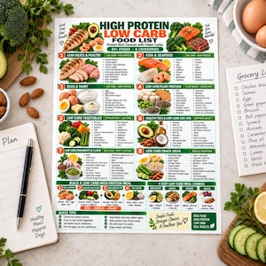 High Protein Low Carb Food List, Keto Diet Eating Chart for Beginners, Best Lean Sources Guide, Kitchen Wall Poster PDF