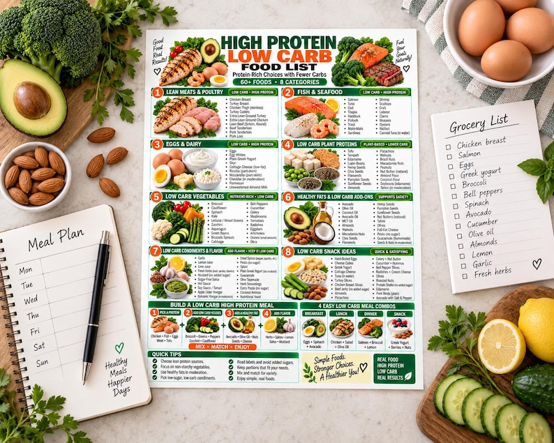 High Protein Low Carb Food List, Keto Diet Eating Chart for Beginners, Best Lean Sources Guide, Kitchen Wall Poster PDF