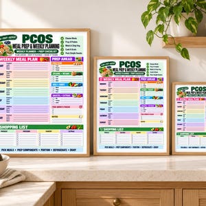May include: Three framed PCOS meal prep and weekly planning charts in varying sizes. Each chart features a weekly meal plan, a prep ahead section, and a shopping list with colorful headers and text, organized for daily meal tracking and organization.