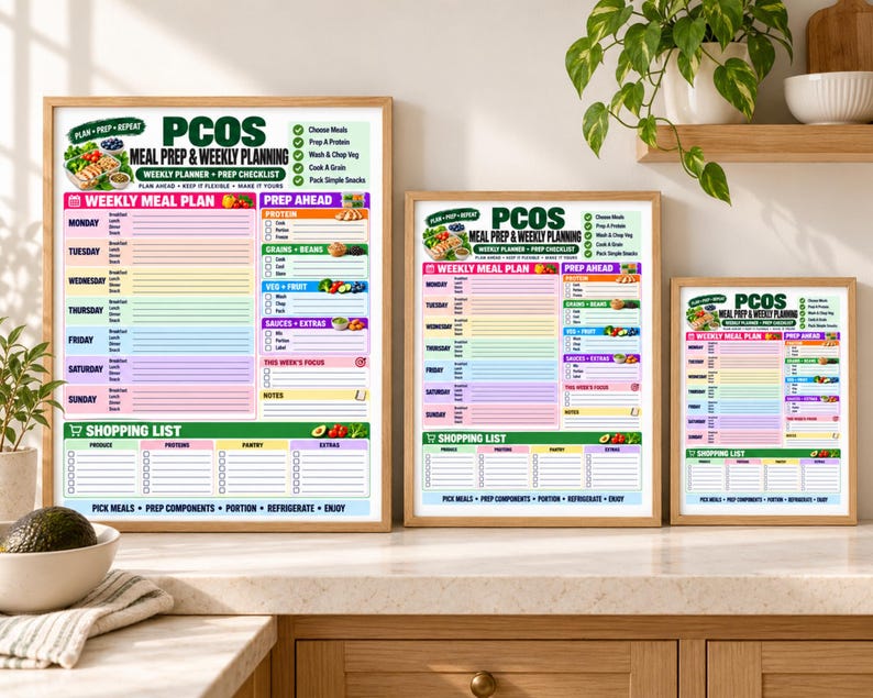 May include: Three framed PCOS meal prep and weekly planning charts in varying sizes. Each chart features a weekly meal plan, a prep ahead section, and a shopping list with colorful headers and text, organized for daily meal tracking and organization.