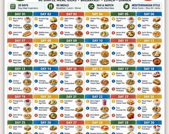 May include: A digital 30-day Mediterranean diet meal plan chart featuring 90 meal ideas organized by day, breakfast, lunch, and dinner. The document includes sections for snack ideas, meal swaps, and weekly prep tips, with text headers and icons.