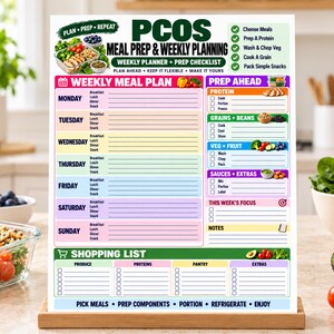 May include: A white PCOS meal prep and weekly planning checklist printed on a rectangular sheet. The layout includes a weekly meal plan, a prep ahead section with checkboxes, a shopping list, and headers for daily meals, proteins, and produce.