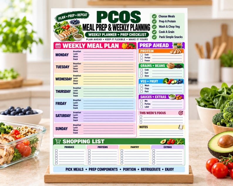 May include: A white PCOS meal prep and weekly planning checklist printed on a rectangular sheet. The layout includes a weekly meal plan, a prep ahead section with checkboxes, a shopping list, and headers for daily meals, proteins, and produce.