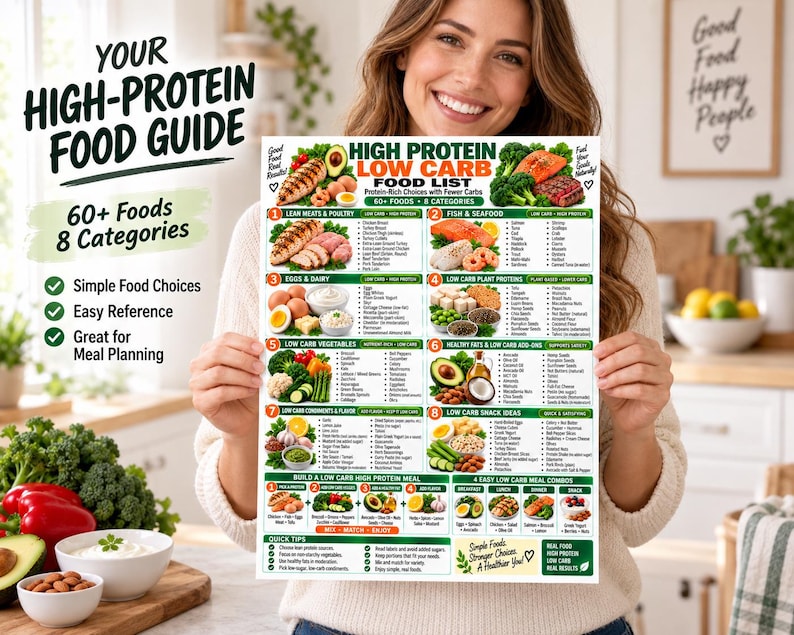 High Protein Low Carb Food List, Keto Diet Eating Chart for Beginners, Best Lean Sources Guide, Kitchen Wall Poster PDF