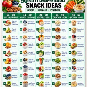 May include: A digital chart titled 50 Fatty Liver-Friendly Snack Ideas, organised into five columns of ten items each. The list features various fruit, nut, yogurt, vegetable, and savoury snack combinations with small photographic icons for each.