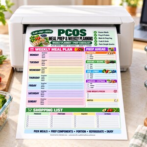May include: A printed PCOS meal prep and weekly planning sheet featuring a weekly meal plan, prep ahead checklist, and shopping list. The document includes sections for Monday through Sunday, protein, grains, beans, vegetables, fruit, and sauces.
