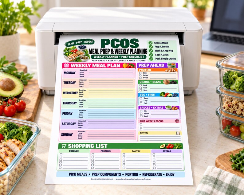May include: A printed PCOS meal prep and weekly planning sheet featuring a weekly meal plan, prep ahead checklist, and shopping list. The document includes sections for Monday through Sunday, protein, grains, beans, vegetables, fruit, and sauces.