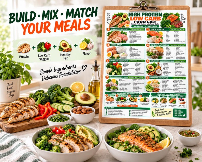 High Protein Low Carb Food List, Keto Diet Eating Chart for Beginners, Best Lean Sources Guide, Kitchen Wall Poster PDF