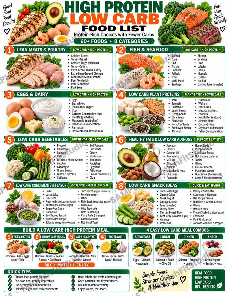 High Protein Low Carb Food List, Keto Diet Eating Chart for Beginners, Best Lean Sources Guide, Kitchen Wall Poster PDF