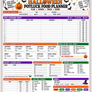 Könnte beinhalten: Ein druckbares Halloween-Potluck-Essensplaner-Blatt mit Illustrationen von Kürbis, Geist und Fledermaus. Das Dokument enthält Abschnitte für Gästelisten, Essenskategorien, Allergiehinweise, Heiz- und Kühlbedarf sowie einen Potluck-Tischplan.