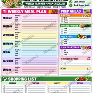 May include: A PCOS meal prep and weekly planning sheet featuring a weekly meal plan, prep ahead checklist for proteins, grains, beans, vegetables, fruits, and sauces, plus a shopping list. The document includes sections for daily meals and notes.