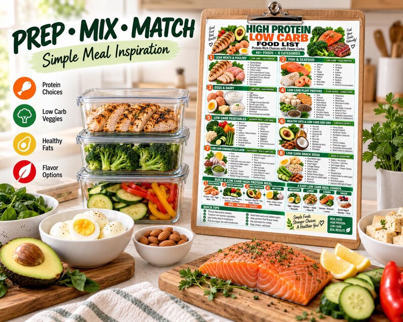 High Protein Low Carb Food List, Keto Diet Eating Chart for Beginners, Best Lean Sources Guide, Kitchen Wall Poster PDF