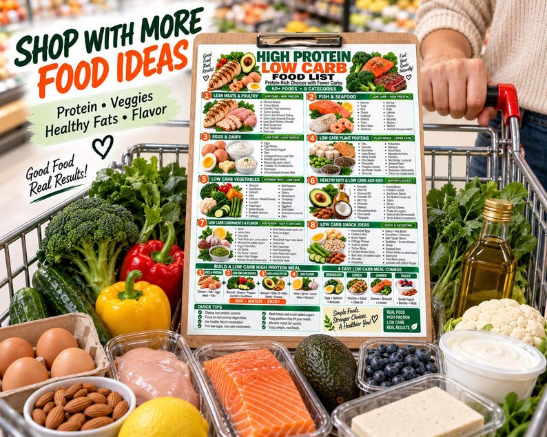 High Protein Low Carb Food List, Keto Diet Eating Chart for Beginners, Best Lean Sources Guide, Kitchen Wall Poster PDF