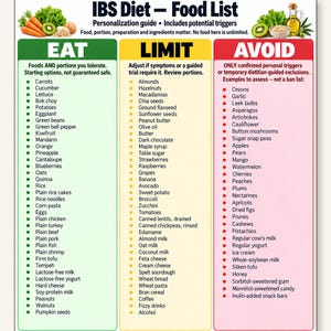 May include: An IBS Diet Food List chart organised into three colour-coded columns: green for Eat, yellow for Limit, and red for Avoid. The document includes lists of specific food items under each category, with headers and text detailing dietary guidelines.