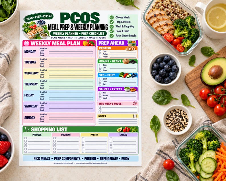 May include: A PCOS meal prep and weekly planning sheet featuring a weekly meal plan, prep ahead checklist, and shopping list. The document includes sections for Monday through Sunday, protein, grains, beans, vegetables, fruit, and sauces.