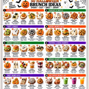 May include: A digital poster titled 50 Halloween Brunch Ideas featuring a grid of food images categorised into sections like Spooky Eggs, Pancakes & Waffles, and Brunch Sips. Each item includes a name and ingredients list for festive meals.
