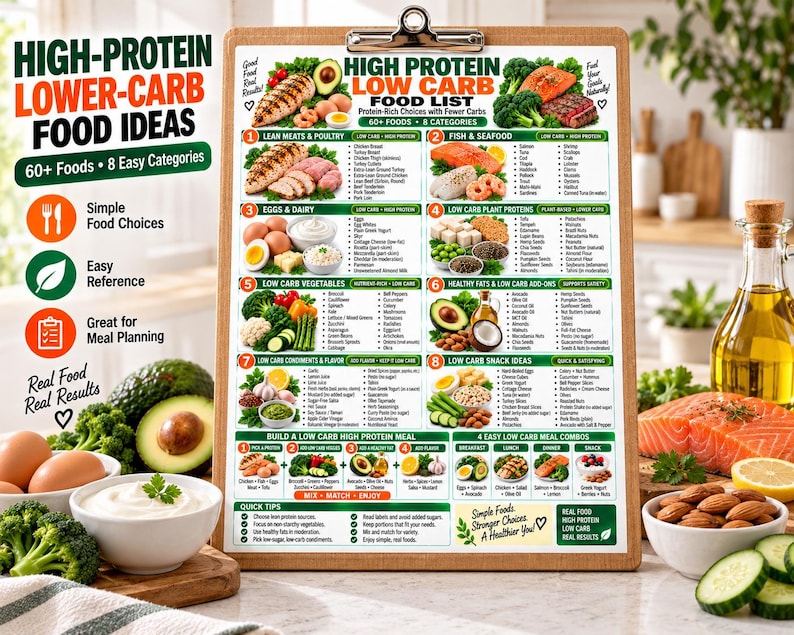 High Protein Low Carb Food List, Keto Diet Eating Chart for Beginners, Best Lean Sources Guide, Kitchen Wall Poster PDF