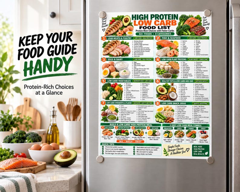 High Protein Low Carb Food List, Keto Diet Eating Chart for Beginners, Best Lean Sources Guide, Kitchen Wall Poster PDF