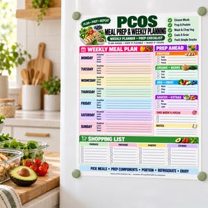 May include: A magnetic PCOS meal prep and weekly planning board with a colorful layout. It features sections for a weekly meal plan, prep ahead checklist, shopping list, and notes. The text includes headings like Weekly Meal Plan, Prep Ahead, and Shopping List with checkboxes for daily tasks and grocery items.