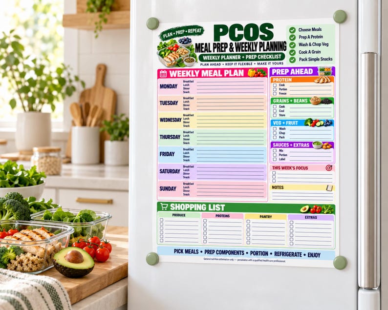 May include: A magnetic PCOS meal prep and weekly planning board with a colorful layout. It features sections for a weekly meal plan, prep ahead checklist, shopping list, and notes. The text includes headings like Weekly Meal Plan, Prep Ahead, and Shopping List with checkboxes for daily tasks and grocery items.