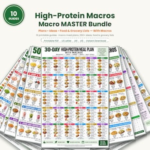May include: A digital bundle of 10 printable guides titled High-Protein Macros Macro MASTER Bundle, featuring a 30-day meal plan with daily food images, calorie counts, and macronutrient breakdowns. Includes printable PDF, US Letter, A4, and A5 formats.