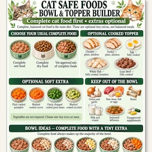 Cat Safe Foods Bowl and Topper Builder, Complete Food With A Tiny Extra, Keep Out Of The Bowl Chart, Cat Printable PDF