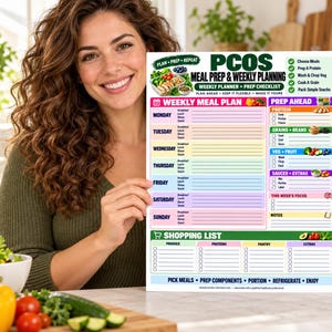 May include: A PCOS meal prep and weekly planning sheet featuring a weekly meal plan, prep ahead checklist, and shopping list. The document includes sections for Monday through Sunday, protein, grains, beans, vegetables, fruit, and sauces.
