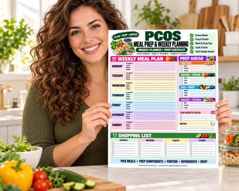 May include: A PCOS meal prep and weekly planning sheet featuring a weekly meal plan, prep ahead checklist, and shopping list. The document includes sections for Monday through Sunday, protein, grains, beans, vegetables, fruit, and sauces.