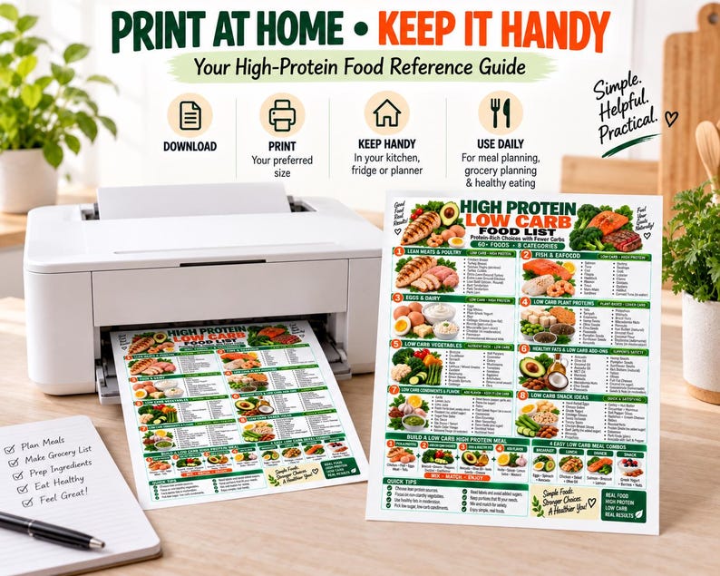 High Protein Low Carb Food List, Keto Diet Eating Chart for Beginners, Best Lean Sources Guide, Kitchen Wall Poster PDF