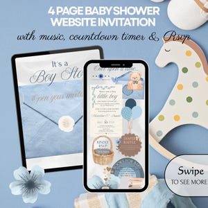 May include: A digital 4-page baby shower website invitation displayed on a tablet and smartphone. The design features a blue envelope, a teddy bear, balloons, and text including "It's a Boy Story," "Once upon a time," and "Kindly RSVP."