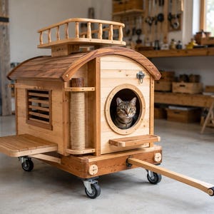 May include: A wooden pet house on wheels shaped like a small wagon with a curved roof, a top railing, a side window, a sisal rope scratching post, and a circular front entrance where a tabby cat is sitting inside. The structure has a pull handle.
