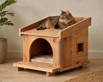 May include: A wooden cat house with a slanted roof, a front arched entrance, and a side square window. A sisal rope scratching post is attached to the front corner. A fluffy beige cushion sits inside the enclosure, and a brown tabby cat rests on top.
