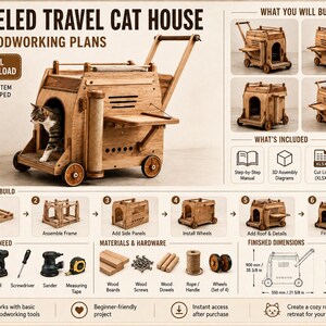 May include: Digital woodworking plans for a wheeled travel cat house. The image displays a wooden cat carrier with wheels, a handle, and a side shelf. It includes step-by-step assembly diagrams, a cut list, and finished dimensions of 35 3/8 inches by 21 5/8 inches by 25 5/8 inches.