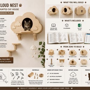 May include: Digital woodworking plans for a wall-mounted cat house shaped like a cloud. Includes step-by-step manual, 3D diagrams, cut list, and imperial conversion. Features dimensions of 23 5/8 inches by 17 3/4 inches by 11 inches for the structure.
