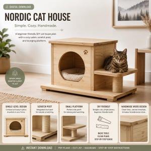 Op de afbeelding: Een digitale download voor een doe-het-zelfplan voor een Scandinavisch kattenhuis. De afbeelding toont een lichthouten kattenhuis met een ronde ingang, een pootafdruk-uitsparing, een sisal krabpaal en een zijplatform met een kat.