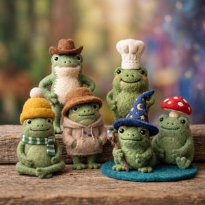 Handmade Needle Felt Funny Frog Wizard Cowboy Chef Mushroom Wool Figurines Desk Decor Gift for Frog Lover 3 inch