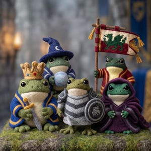 May include: A group of five needle-felted frog figurines. One wears a gold crown and blue robe holding a sword, another a blue wizard hat with a crystal ball, one in silver armor with a shield, one in a red robe holding a flag, and one in a purple cloak.