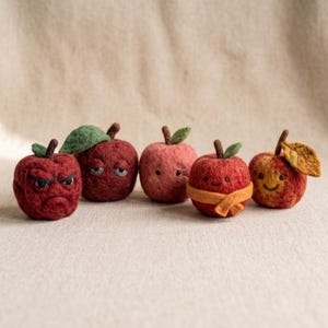 Op de afbeelding: Vijf naaldgevilte wollen appels met verschillende gezichtsuitdrukkingen. De appels zijn gekleurd in tinten rood en oranje, met kleine bruine steeltjes en groene of gele blaadjes. Eén appel draagt een oranje sjaal en heeft een eigen gezicht.