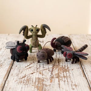 Op de afbeelding: Een verzameling van vijf naaldgevilte insectenfiguurtjes, waaronder een groene bidsprinkhaan, een zwarte vlieg met grijze vleugels, een bruine kever met voelsprieten, een donkere neushoornkever en een grijze libel met rode ogen, allemaal met kleine zwarte oogjes.